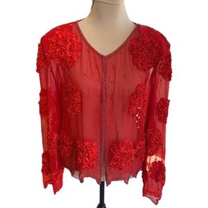 Krishma Sheer Cover Up Red Ruffle Beaded Blouse Size Large
